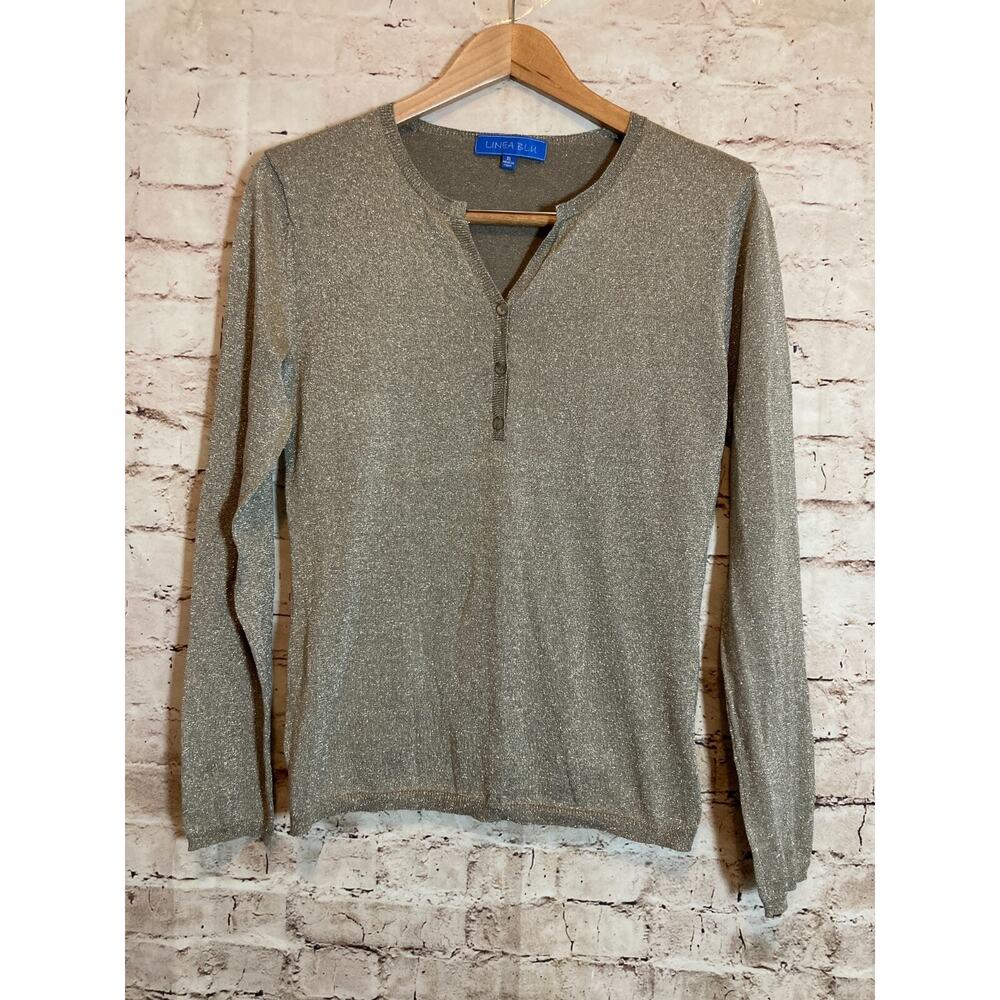 Linea Blu Silk Top Womens XL Popover Gold Glitter Long Sleeve Stretch V Neck